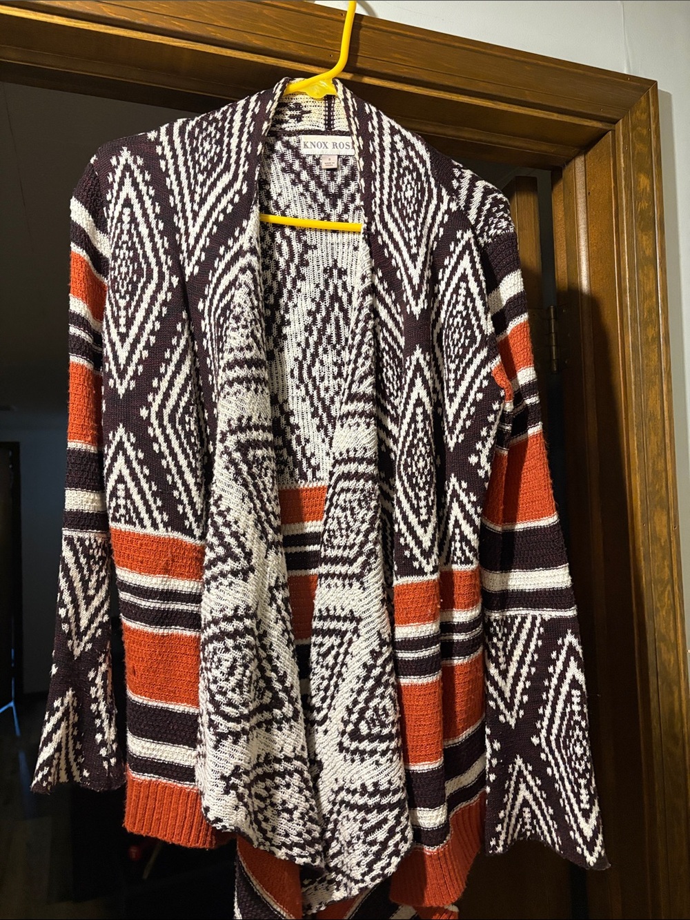 Knox Rose Open-Front Geometric Cardigan in Rust, White & Black